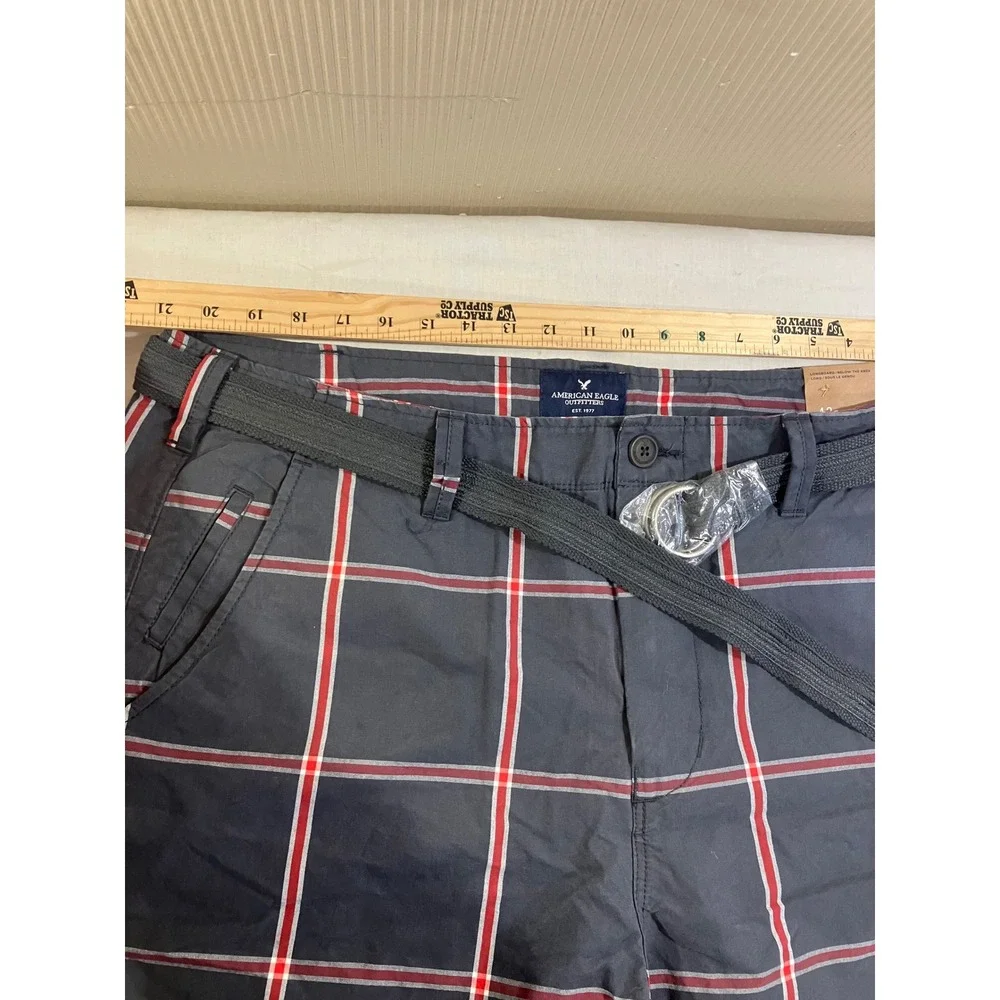 American Eagle Longboard‎ Plaid Shorts Mens 42 Navy Blue Red Belted New NWT